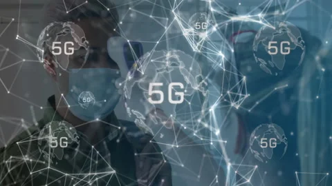5G network technology animation over people wearing masks in futuristic setting Stock Footage 303609052