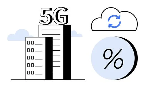 5G Network Technology Concept with Buildings, Cloud Sync, and Percentage Symb Stock Illustration