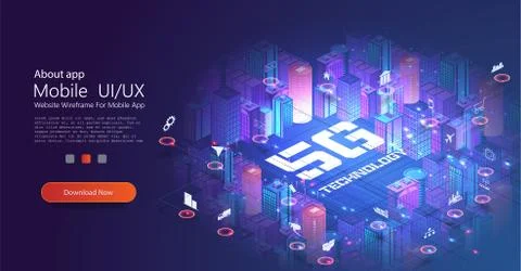 5G network technology, isometric concept. Smart city, tall buildings with 5G Stock Illustration