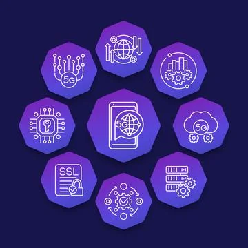 5G network technology line icons, vector banner Stock Illustration