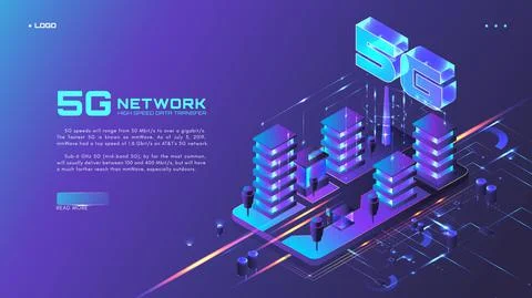 5G network website banner design template. High speed data transfer. Smart city Ilustración de archivo