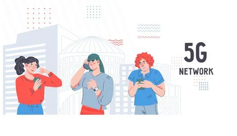 5g network website interface template with people using mobile devices, flat  Illustrazione stock