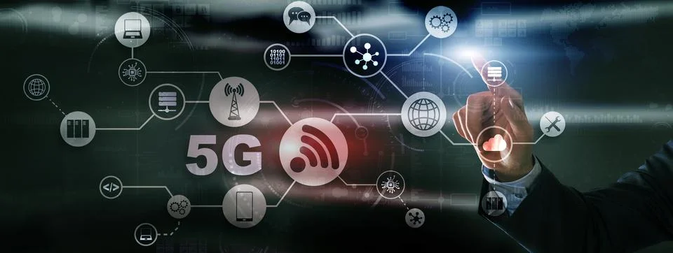 5G Network Wireless Internet concept. Man touching 3D icon 5G 库存照片