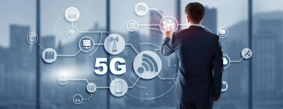 5G Network Wireless Internet concept. Man touching 3D icon 5G Stock Photos