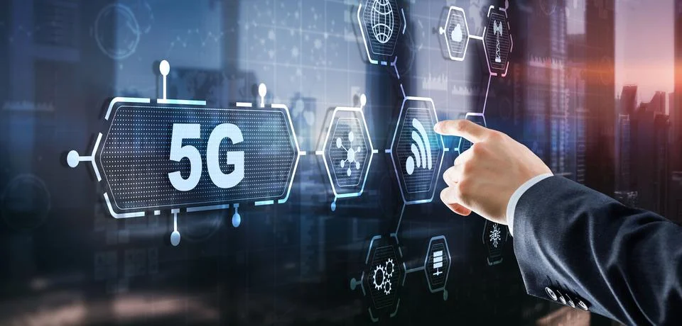 5G Network Wireless Internet concept. Man touching 3D icon 5G Stock Photos