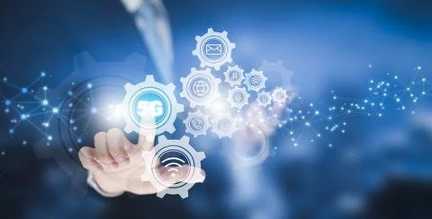 5G Network Wireless Internet with icon concept, Businessman touch hologram  m Foto stock
