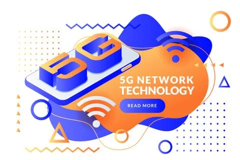 5G network wireless internet technology poster, banner design. Smartphone, le Stock Illustration
