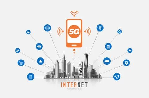 5G network wireless internet Wi-fi connection. Smart city and communication n Illustrazione stock