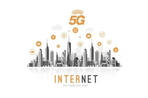 5G network wireless internet Wi-fi connection. Smart city and communication n Illustrazione stock