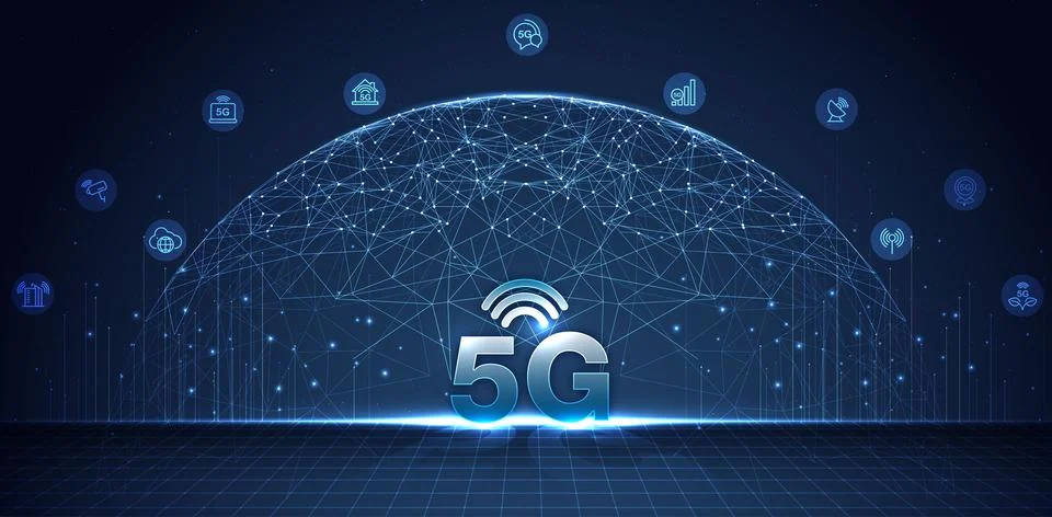 5G network wireless internet Wi-fi connection and internet of things with m.. Stock Illustration