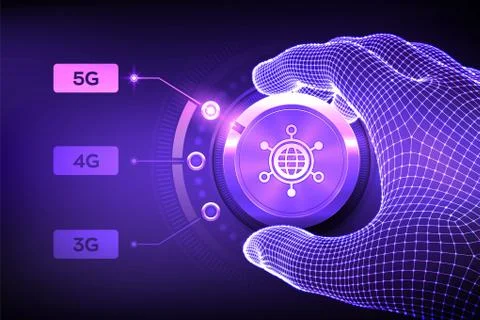 5G network wireless systems and internet of things. Wireframe hand turning th Stock Illustration