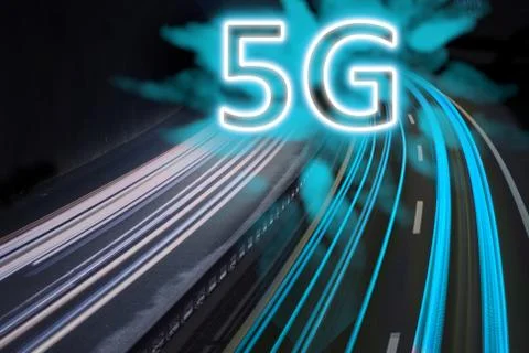 5G network wireless systems and internet shown with trail lights on highway. Stock-Fotos