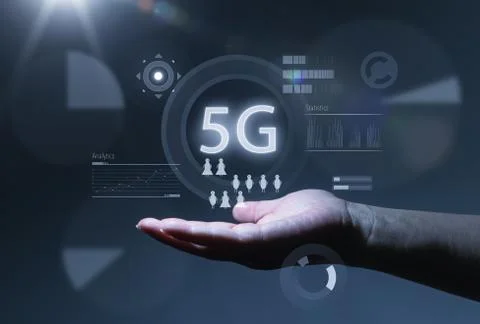 5G network wireless systems and internet of things with open palm hand gestur Stock Photos