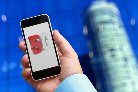 5G network wireless systems and internet of things with modern city skyline.  Stock Photos