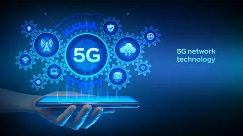 5G network wireless systems technology concept. Smartphone in hand connected  Stock Illustration