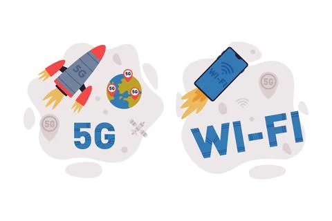5G Network Wireless Technology and High-speed Internet Vector Composition Set Stock Illustration