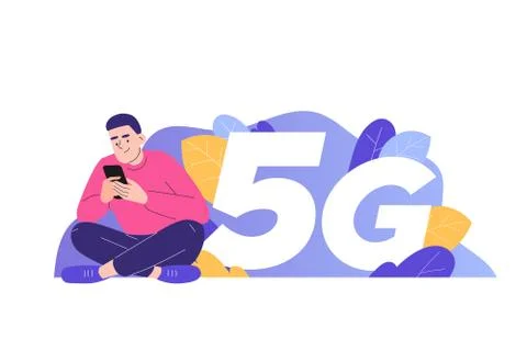 5G network wireless technology concept. Young happy man sitting near big 5G s Stock Illustration