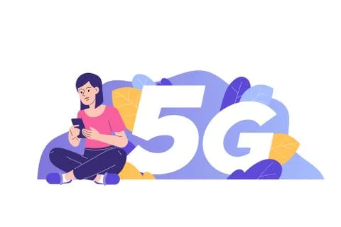 5G network wireless technology concept. Young happy woman sitting near big 5G Stock Illustration