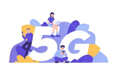 5G network wireless technology concept. People standing and sitting near big  Stock Illustration