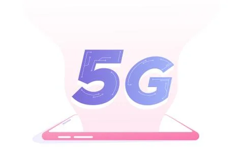 5G network wireless technology concept. A big 5G sign on smartphone device. H Stock Illustration
