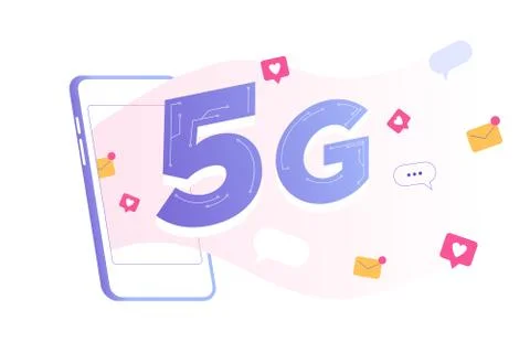 5G network wireless technology concept. A big 5G sign popping out smartphone. Stock Illustration
