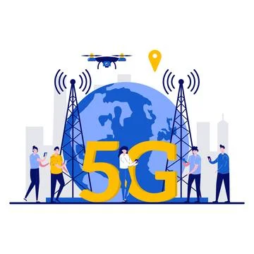 5G network wireless technology concept with tiny character. People using hi.. Stock Illustration