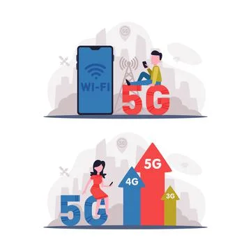 5G Network Wireless Technology with Man and Woman Using High-speed Internet Illustrazione stock