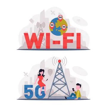 5G Network Wireless Technology with Man and Woman Using High-speed Internet 스톡 일러스트