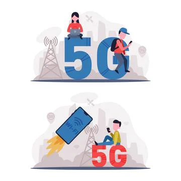 5G Network Wireless Technology with Man and Woman Using High-speed Internet Stock Illustration