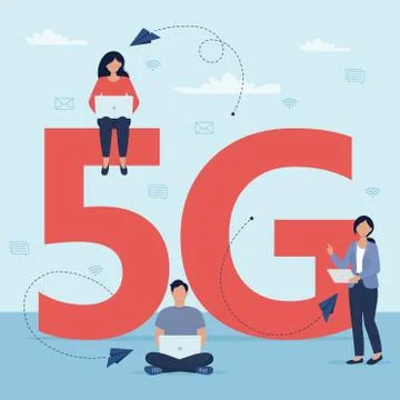 5G network wireless technology. People with gadgets use high-speed internet. Stock Illustration