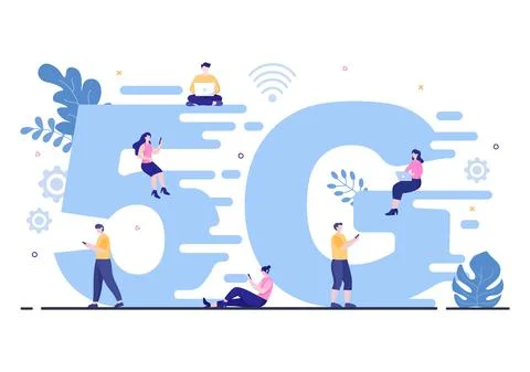 5G Network Wireless Technology Smartphone with Transmitter Tower Set Up High- Stock Illustration