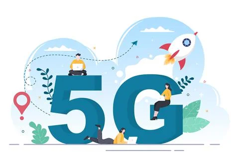 5G Network Wireless Technology Smartphone with Transmitter Tower Set Up High- Stock Illustration