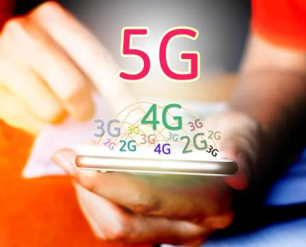 5G networking concept. Businessman using smart phone and touching on screen. Stock Photos