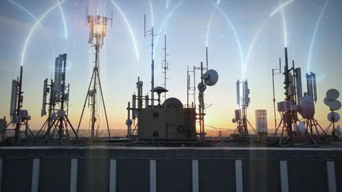 5G rooftop base station covered with telecom tower antenna with graphics Stock Footage 138802167