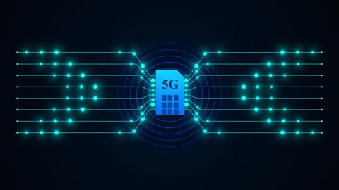 5G SIM card with glowing data transmission lines emitting digital network Stock Footage 346356218