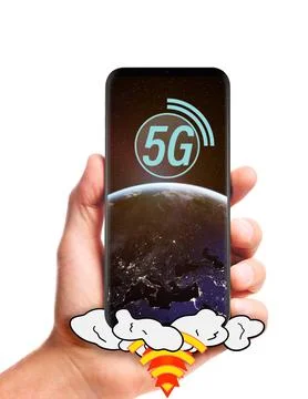 5G Smartphone in Hand with Global Network and Earth Illustration Stock Photos