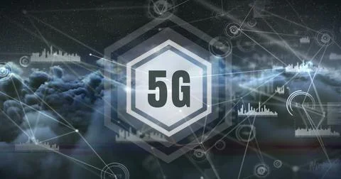 5G surrounded by hexagon on grey background 4k Stockillustratie