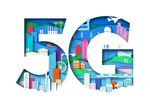 5G symbol with city elements. Vector illustration in paper art style. 5th Stock Illustration