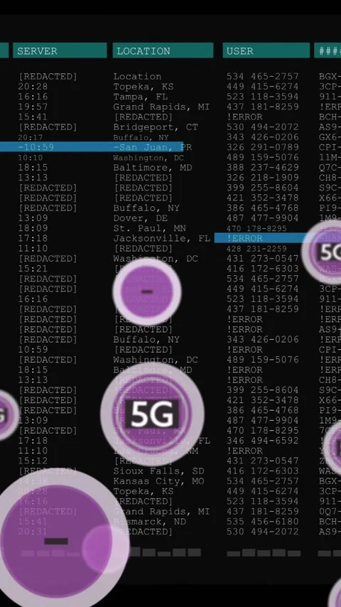 5G symbols animation over data tables with codes and locations Stock Footage 343129088