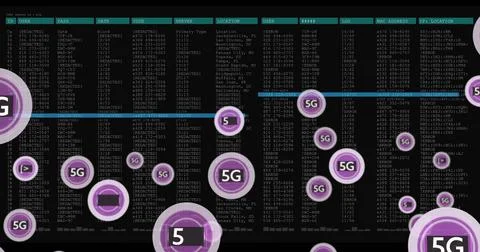 5G symbols image over data tables with codes and locations Stock Illustration
