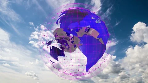 The 5g symbols rotate inside the earth model against the background of the cloud Stock Footage