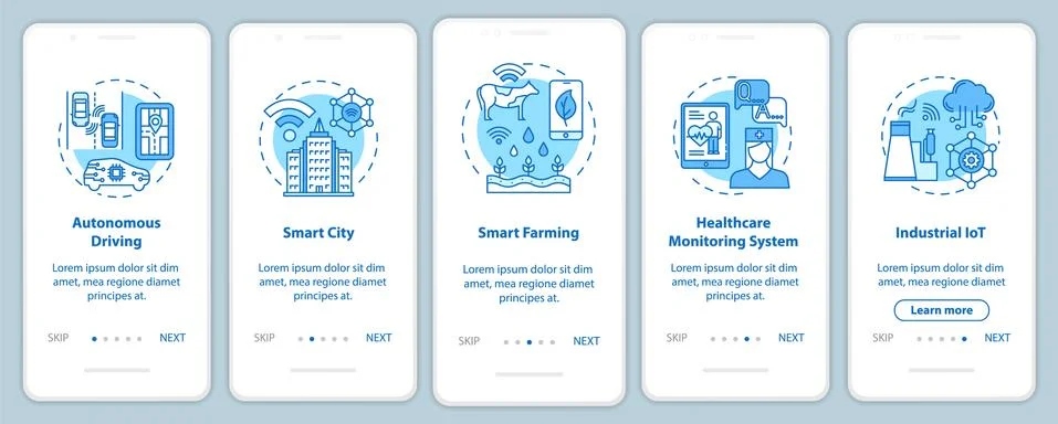5G technologies onboarding mobile app page screen with linear concepts. Smart Ilustración de archivo