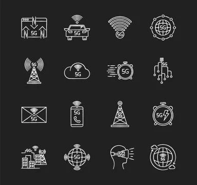 5G technology chalk white icons set on black background. Mobile cellular network Stock Illustration