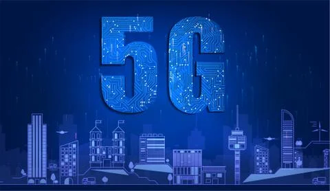 5G technology with circuit board is background. 5G network wireless systems.  Stock Illustration