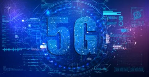 5G technology with circuit board is background. 5G network wireless systems.  Stock Illustration
