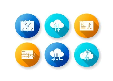 5G technology flat design long shadow glyph icons set. Data transmission. Fas Stock Illustration