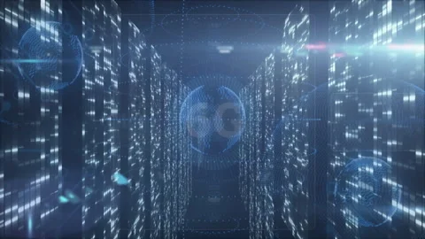 5G technology globe with digital data streams in futuristic corridor animation Stock Footage 304645223