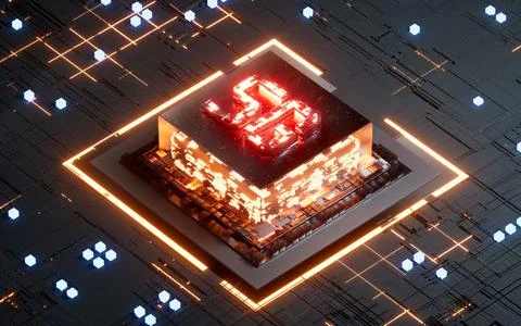 5G technology with glowing electronic chips, 3d rendering. Illustrazione stock
