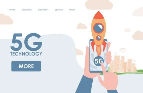 5G technology landing page vector template. Smartphone with 5G network wireless Stock Illustration
