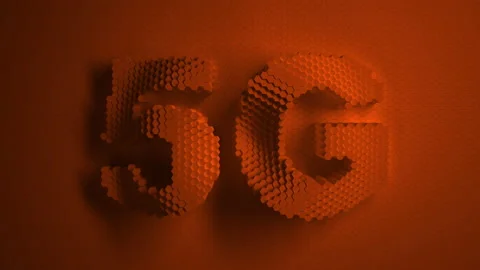 5G technology. orange mosaic surface with moving hexagons. Logo, text. Internet, Video stock 157301926